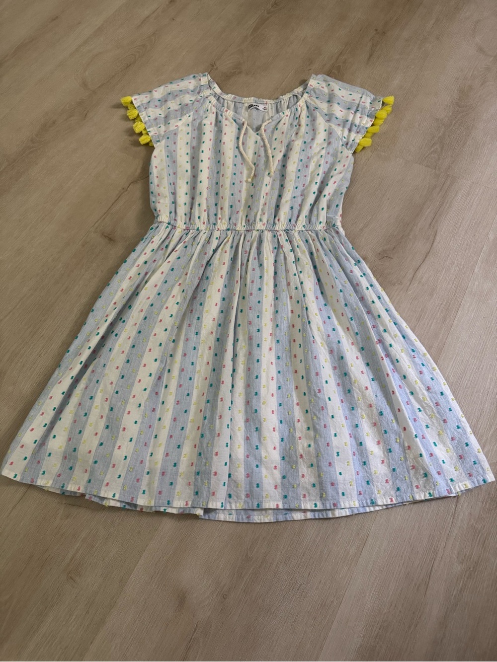 Epic Threads 100% Cotton Dress with Multicolor Dots and Yellow Pom Sleeves
